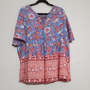 Rustty Dustty Floral Blue and Red Women's Top Blouse 3X Pull On Boho Festival